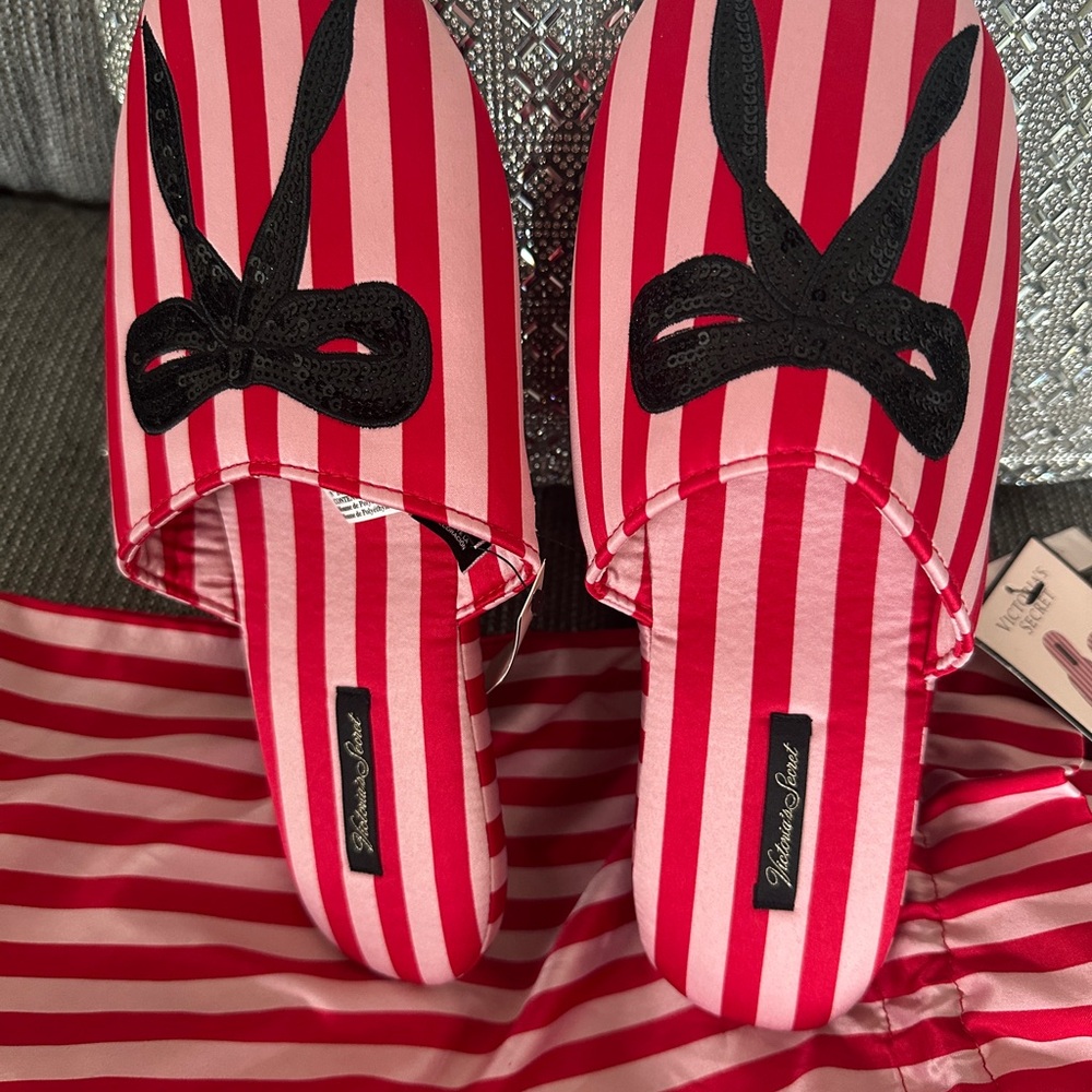 Victoria's Secret Red and Pink Striped Slippers